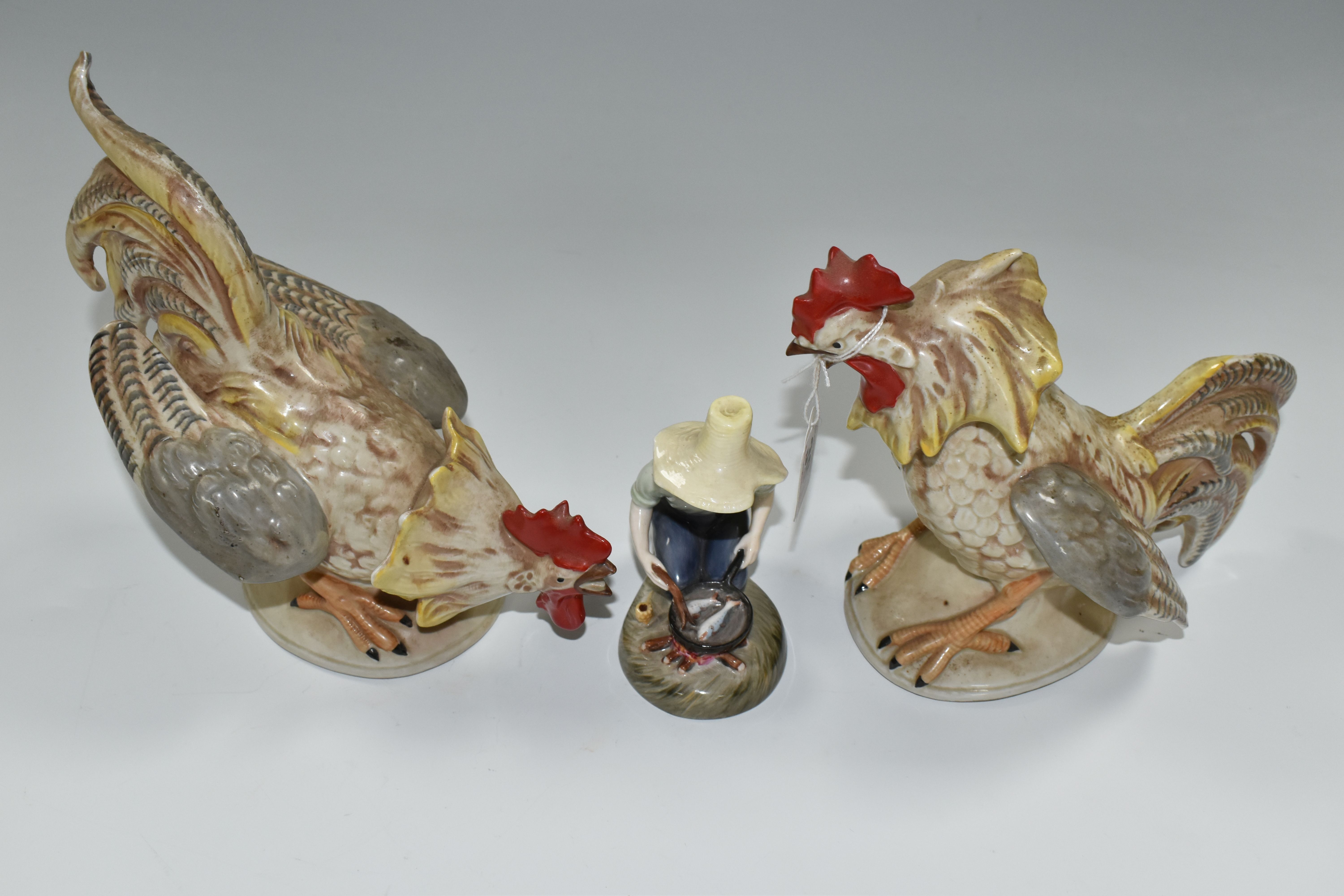 TWO 20TH CENTURY CONTINENTAL PORCELAIN FIGURES OF COCKERELS, posed as ready to fight each other, - Image 4 of 8