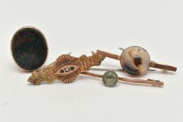 THREE BROOCHES AND A FOB, the first a round cabochon agate stone, collet set in rose metal on a