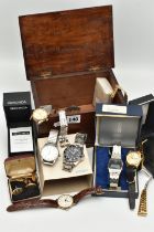 A WOODEN BOX WITH WATCHES, COMMEMORATIVE COINS AND CUFFLINKS, to include six gents 'Sekonda'