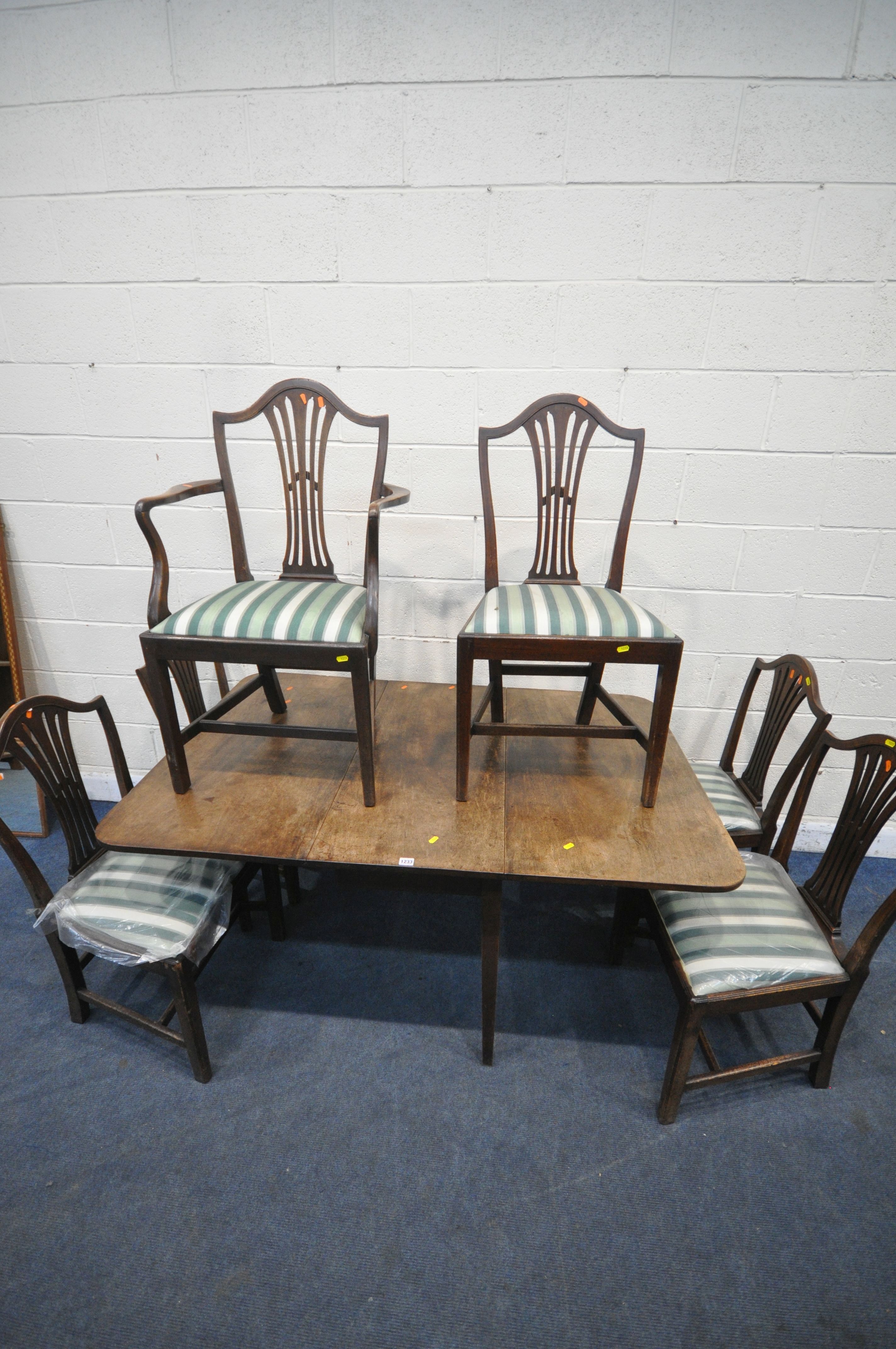 A GEORGIAN MAHOGANY GATE LEG TABLE, open width 149cm x depth 99cm x height 72cm, along with a set of