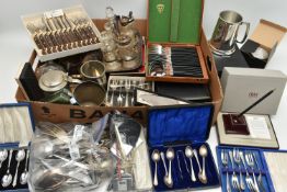 A BOX OF ASSORTED WHITE METAL WARE, to include a wooden canteen of cutlery fitted with black