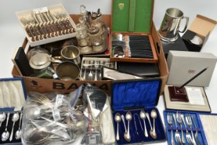 A BOX OF ASSORTED WHITE METAL WARE, to include a wooden canteen of cutlery fitted with black