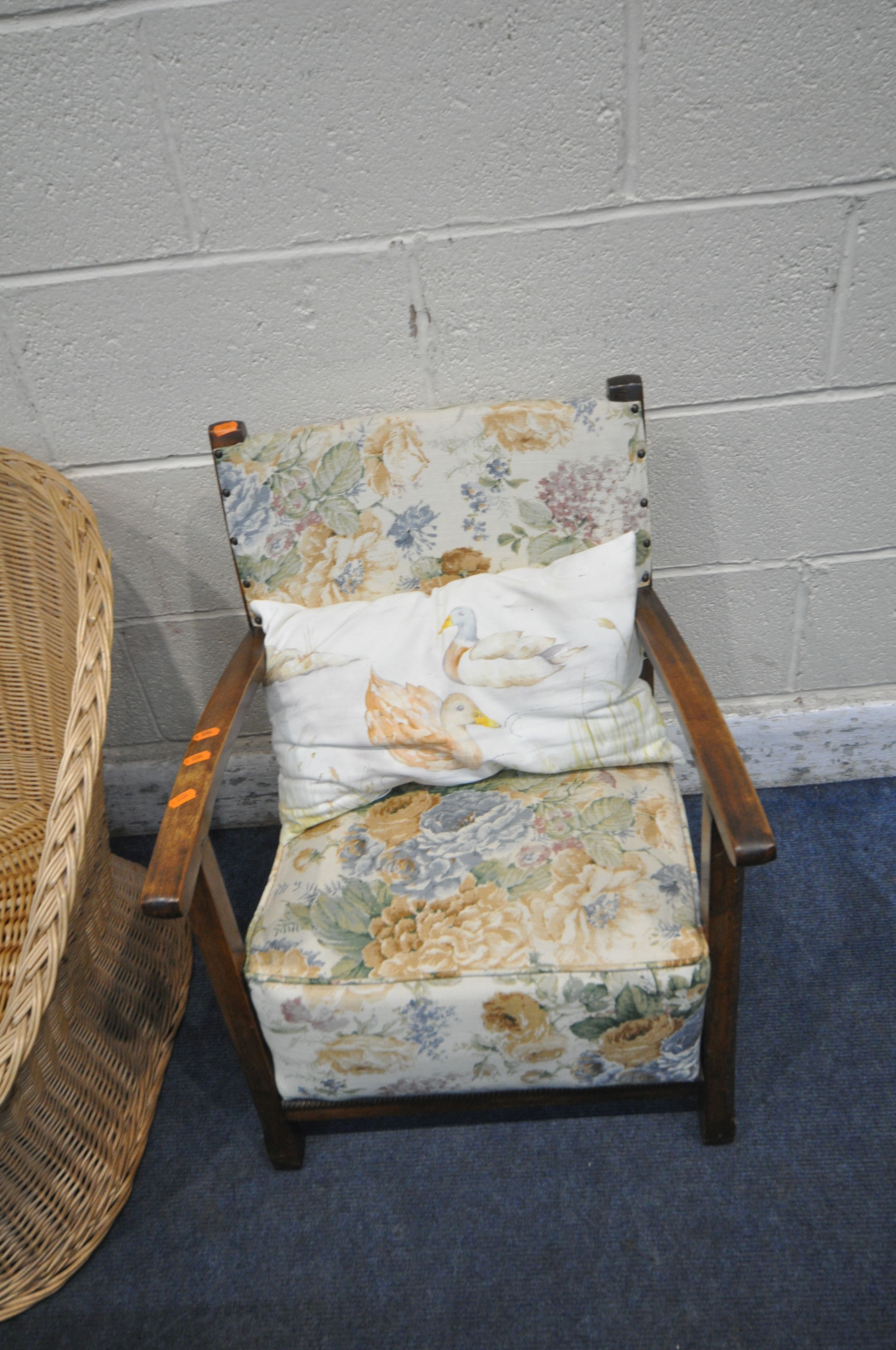 A DEEP RATTAN TUB CHAIR, a rattan basket with lid, an oak armchair and two stools (condition report: - Image 3 of 3