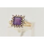 A 9CT GOLD AMETHYST AND DIAMOND CLUSTER RING, set with a central square cut amethyst, in a
