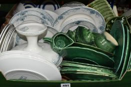 TWO BOXES OF PART DINNER SETS, ETC, including an Art Nouveau Sarreguemines blue and white printed