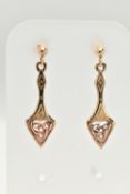 A BOXED PAIR OF WELSH GOLD DROP EARRINGS, Celtic pattern drop earrings, to the post and scroll