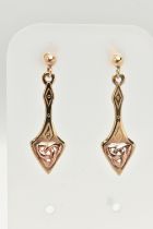 A BOXED PAIR OF WELSH GOLD DROP EARRINGS, Celtic pattern drop earrings, to the post and scroll