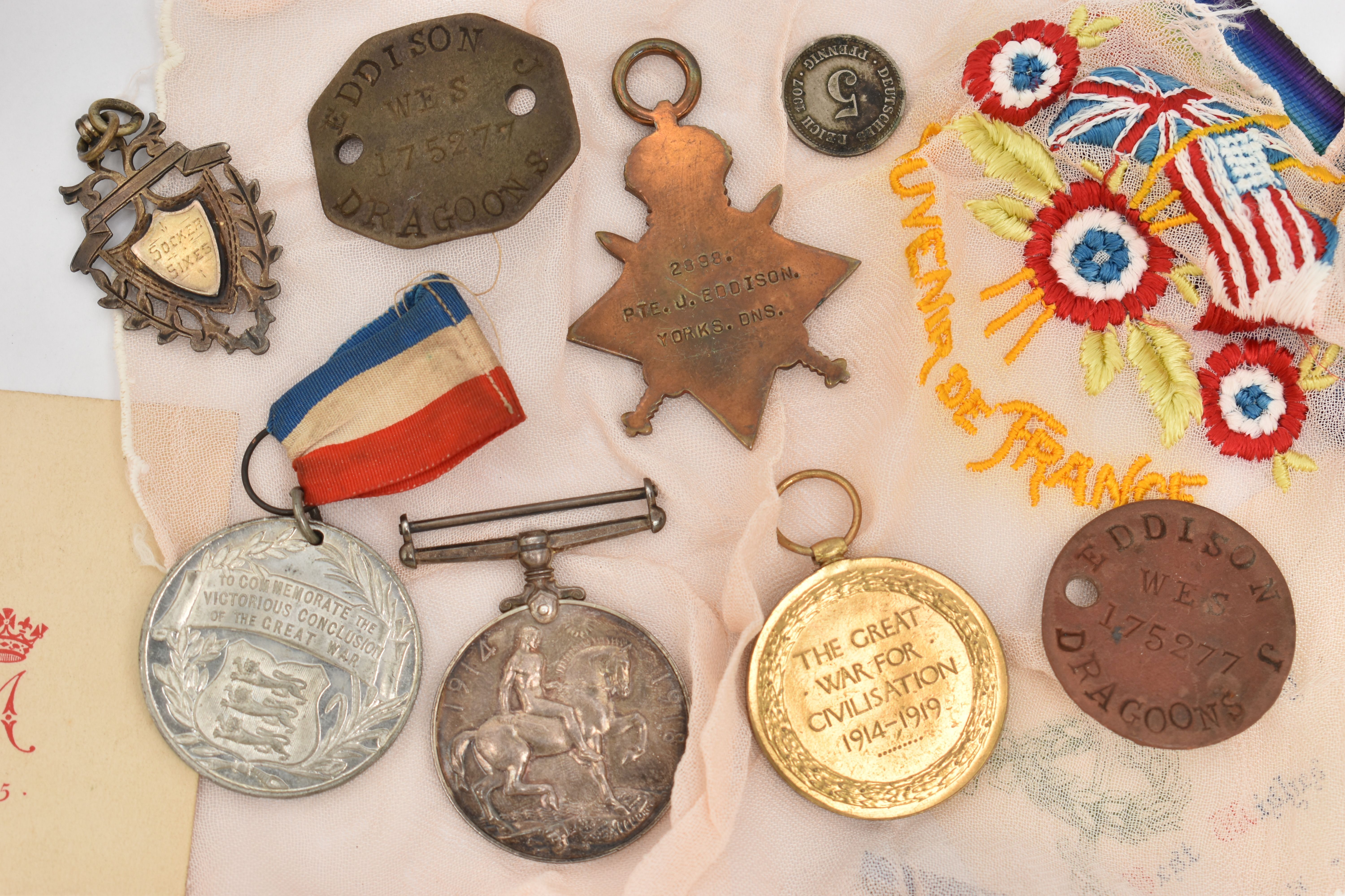 A PRINCESS MARY TIN, MEDALS ETC., the rectangular Princess Mary tin dated Christmas 1914, with - Image 5 of 10