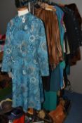 FOUR BOXES AND LOOSE VINTAGE MENS AND WOMENS CLOTHING AND SHOES, to include a Millets Stores 'The