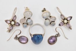 THREE PAIRS OF WHITE METAL EARRINGS AND A RING, to include a pair of moonstone and blue lace agate