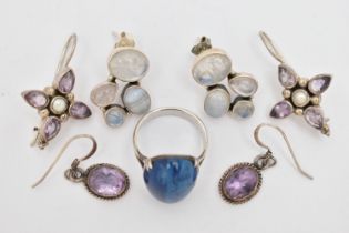 THREE PAIRS OF WHITE METAL EARRINGS AND A RING, to include a pair of moonstone and blue lace agate