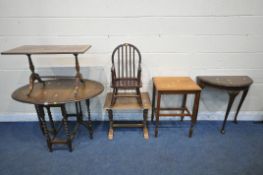 A 20TH CENTURY OAK BARLEY TWIST GATE LEG TABLE, open width 107cm x closed width 39cm x depth 76cm