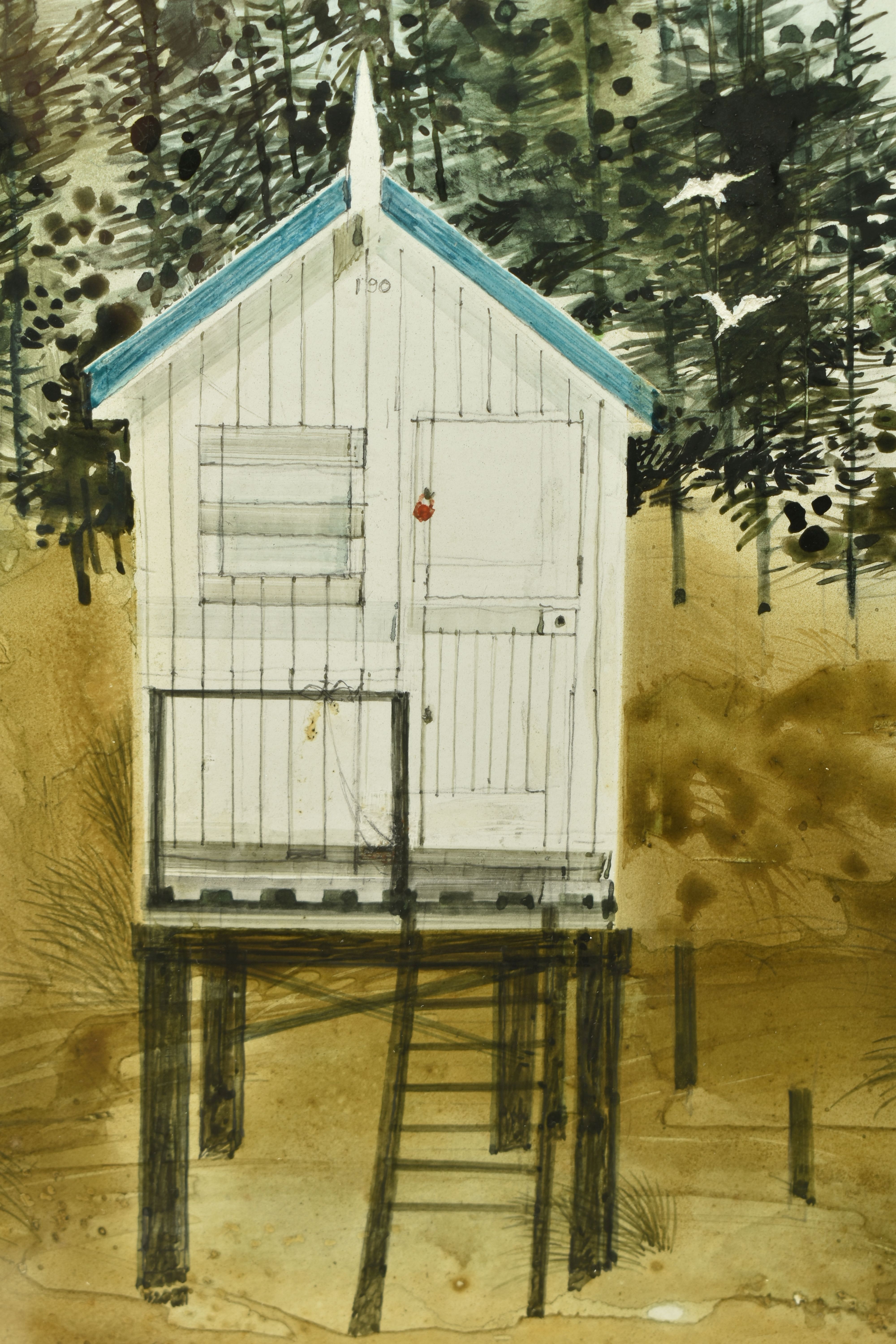 ATTRIBUTED TO RONALD MADDOX (1930-2018) 'BEACH HUTS, HOLKHAM - AUTUMN', a coastal landscape with - Image 8 of 13