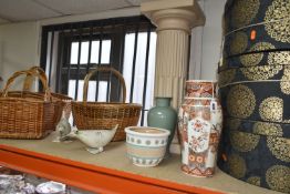 A GROUP OF CERAMICS, BASKETS, HAT BOXES, AND BIRD FIGURES, ETC, comprising a Satsuma vase height