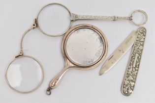 A PAIR OF LORGNETTES, SMALL MIRROR AND A FRUIT KNIFE, white metal lorgnettes, unmarked, a small hand