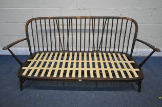 A MID CENTURY DARK ERCOL WINDSOR SOFA, MODEL 203, length 172cm x depth 74cm x height 78cm (condition