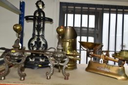 A SMALL SELECTION OF METALWARES, COMPRISING A VICTORIAN STICK STAND, the drip pan is broken, a