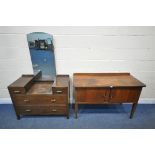 A 20TH CENTURY MAHOGANY SIDE TABLE, with two cupboard doors, width 120cm x depth 52cm x height 80cm,