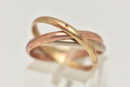 A TRI COLOUR RUSSIAN WEDDING BAND RING, yellow metal, white metal and rose metal rings all