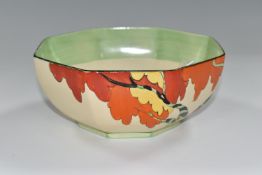 A CLARICE CLIFF 'HONOLULU' DESIGN OCTAGONAL BOWL, green and black banding inside, black printed