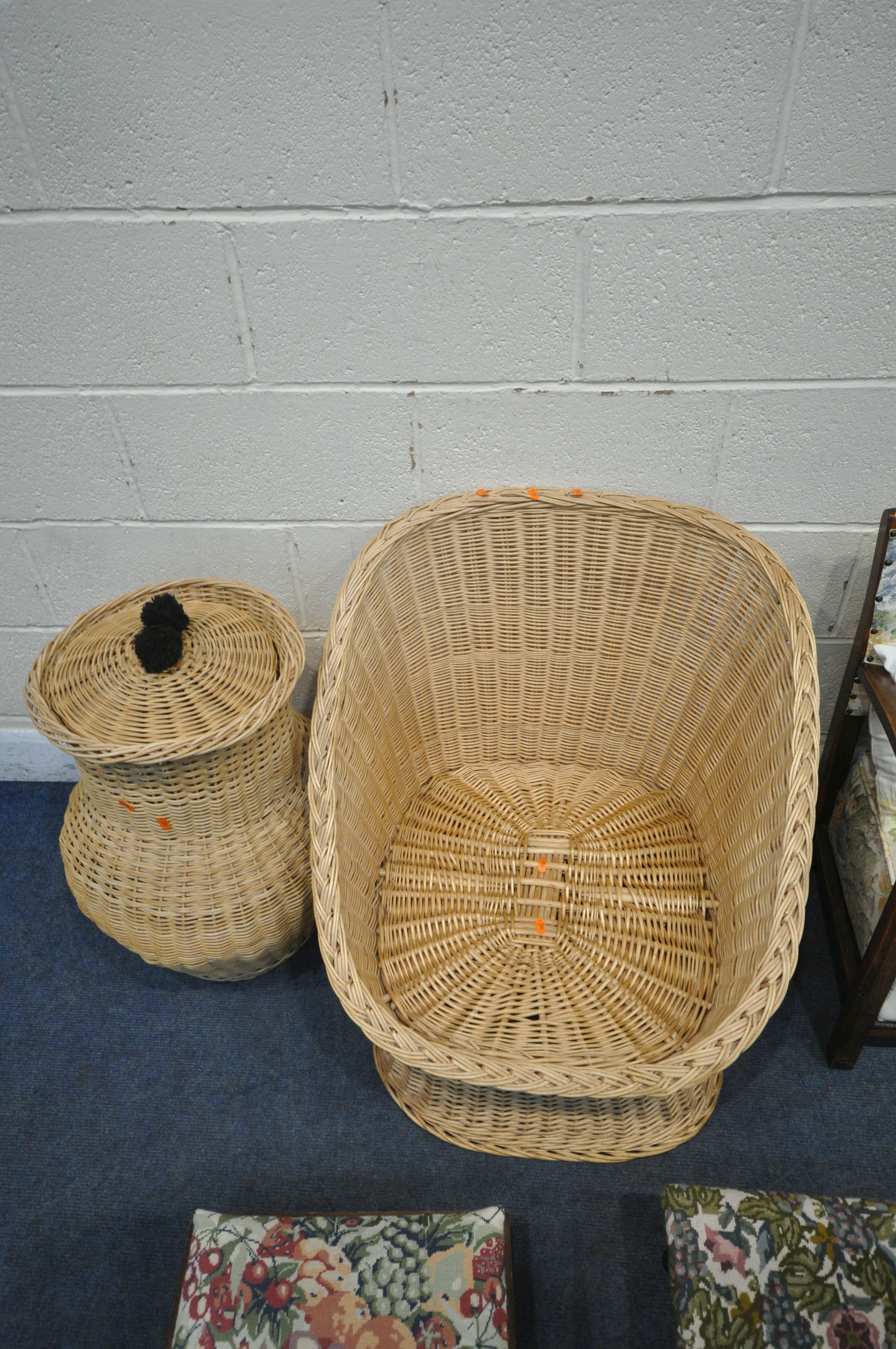 A DEEP RATTAN TUB CHAIR, a rattan basket with lid, an oak armchair and two stools (condition report: - Image 2 of 3