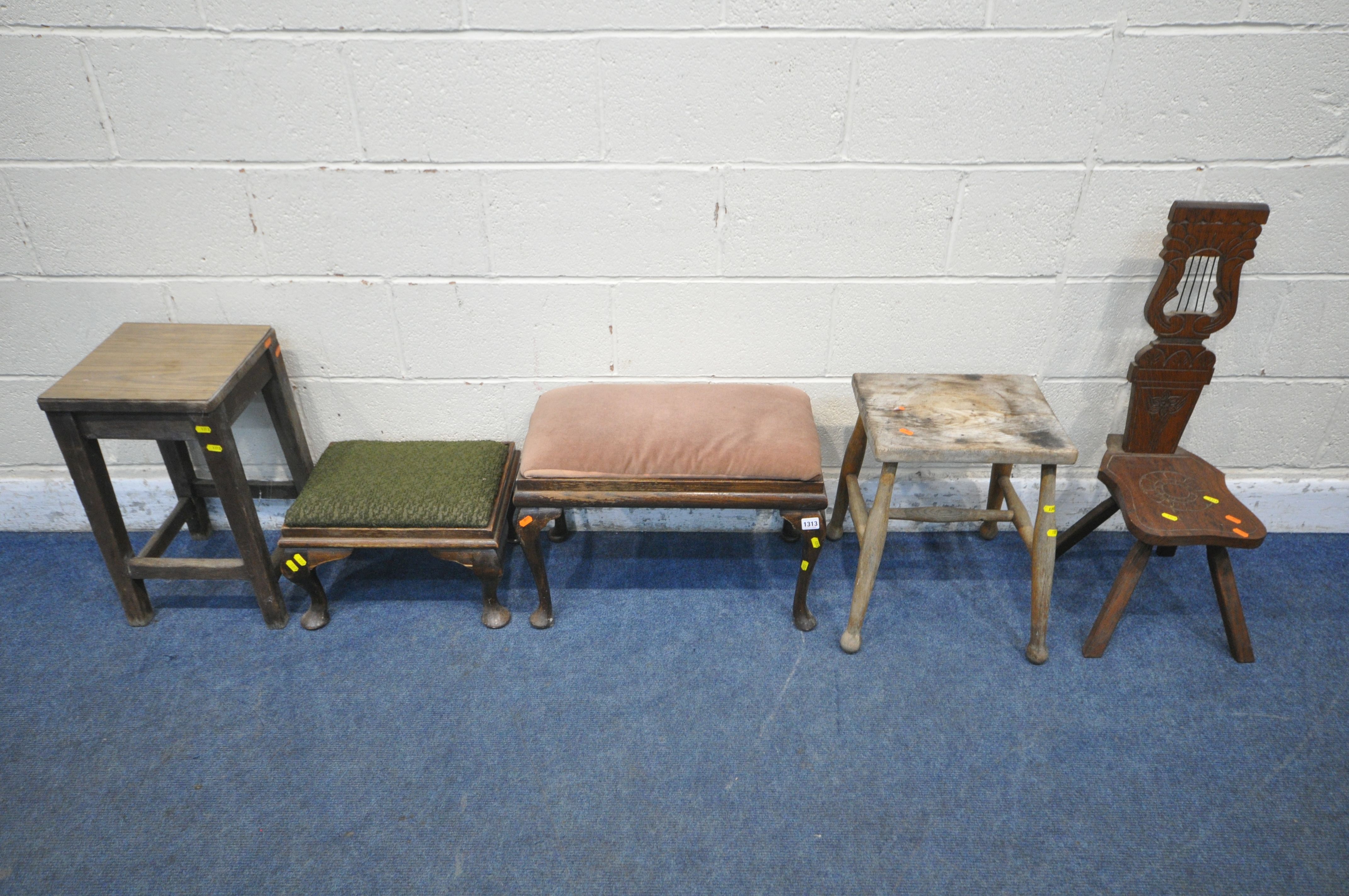 A SELECTION OF VARIOUS STOOLS, to include 20th century oak stool, with pink upholstery, another