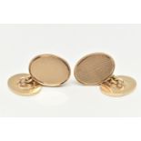 A PAIR OF 9CT GOLD 'DEAKIN & FRANCIS' CUFFLINKS, oval form chain link cufflinks, engine turned