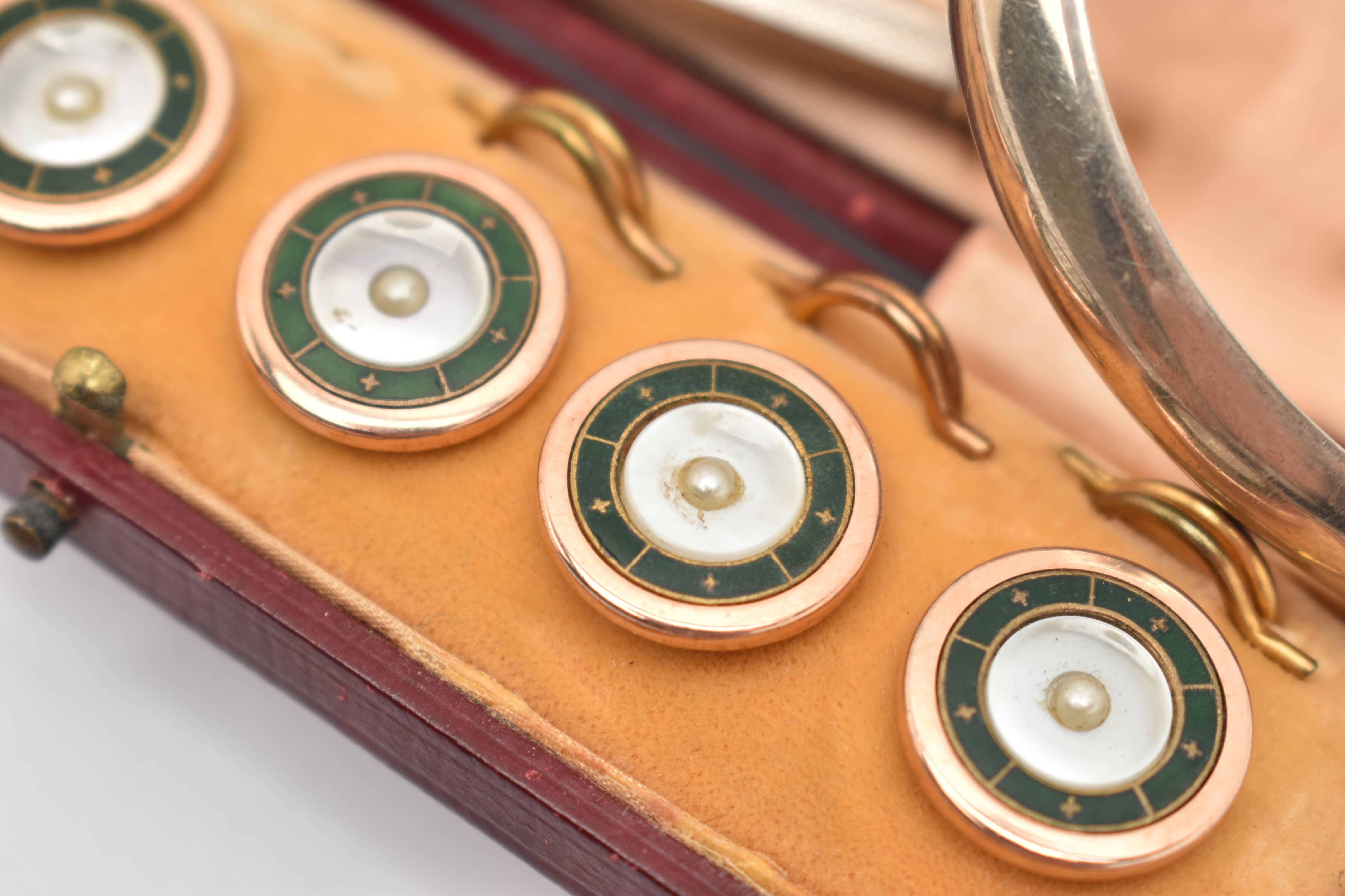 A CASED SET OF DRESS STUDS, BANGLE AND A PROPELLING PENCIL CASE, six rose metal round studs, each - Image 5 of 5