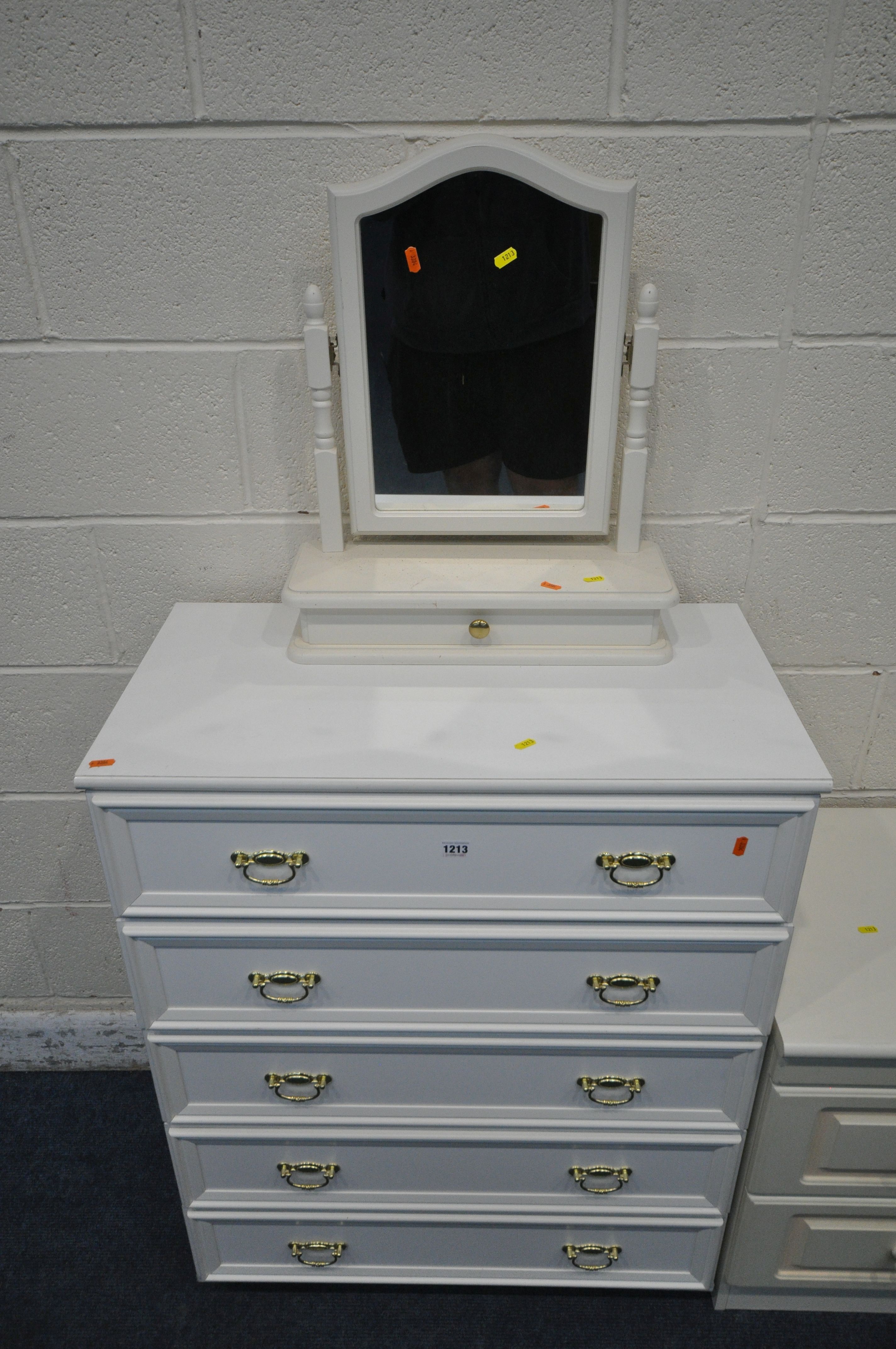 A WHITE CHEST OF FIVE DRAWERS, width 77cm x depth 42cm x height 97cm, a two drawer bedside chest and - Image 2 of 2