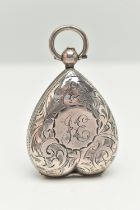 AN EARLY 20TH CENTURY, SILVER HEART SHAPE SOVEREIGN CASE, foliate pattern with engraved cartouche,