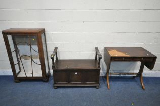 A 20TH CENTURY OAK MONKS BENCH, with a hinged storage compartment, a mahogany drop leaf sofa table