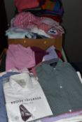 FOUR BOXES OF GENTLEMEN'S SHIRTS, POLO SHIRTS, SWEATERS AND CARDIGANS, to include a large quantity