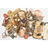 A BAG OF ASSORTED COSTUME JEWELLERY, to include a 9ct gold and paste swivel fob, open work mount