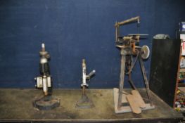 A VINTAGE CAST IRON BEARING PRESS, a Hobbies manual scroll saw and a drill press (3)