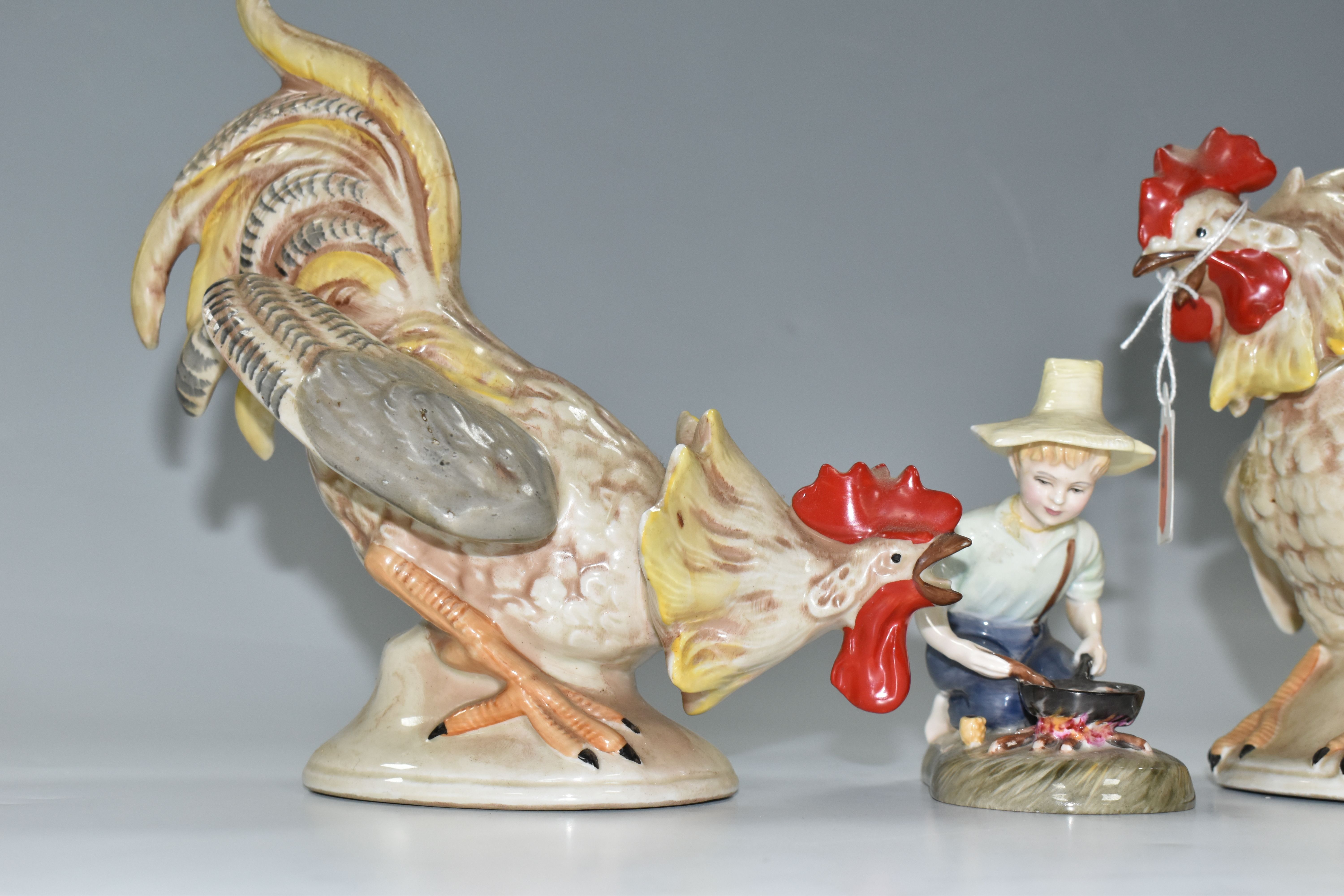 TWO 20TH CENTURY CONTINENTAL PORCELAIN FIGURES OF COCKERELS, posed as ready to fight each other, - Image 2 of 8