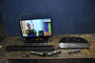 A LINSAR 24LED1700 24in SMART TV WITH REMOTE, a Panasonic DMR-BW780 Blu ray player with remote, a