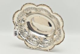 A GEORGE V DISH, scalloped oval dish with scrolled foliate detail to the rim, pierced detail,