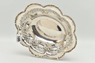 A GEORGE V DISH, scalloped oval dish with scrolled foliate detail to the rim, pierced detail,