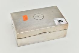 A SILVER TABLE CIGARETTE BOX, of rectangular form, engine turned pattern with engraved cartouche,