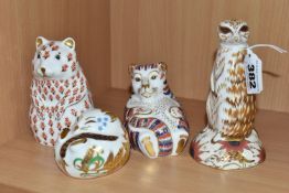 FOUR ROYAL CROWN DERBY ANIMAL PAPERWEIGHTS, comprising Meerkat, no stopper, rubbed mark, Hamster,
