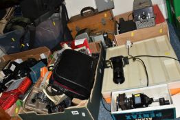 THREE BOXES AND LOOSE PHOTOGRAPHIC AND CINE EQUIPMENT ETC, to include boxed GAF 502 slide projector,