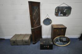 AN EARLY 20TH CENTURY OAK CASED SINGER TREADLE SEWING MACHINE, a gypsy wall mirror, an oval bevelled