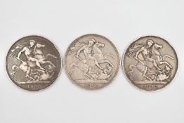 A PARCEL CONTAINING 3X VICTORIA CROWN COINS 1889, 1893, 1900