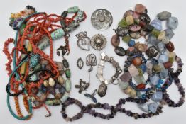 A BAG OF ASSORTED SEMI-PRECIOUS GEMSTONE JEWELLERY AND WHITE METAL JEWELLERY, to include an amethyst