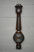 A 19TH CENTURY J STROUD MAHOGANY BANJO BAROMETER, with a dry/damp dial, a thermometer, a large