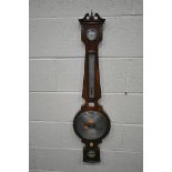 A 19TH CENTURY J STROUD MAHOGANY BANJO BAROMETER, with a dry/damp dial, a thermometer, a large