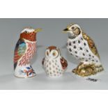 THREE ROYAL CROWN DERBY BIRD PAPERWEIGHTS, comprising 'Song Thrush', gold stopper, a Collectors