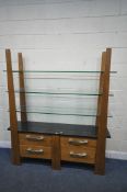 A 20TH CENTURY SOLID OAK DISPLAY STAND, with tapered uprights, three tempered glass shelves, a