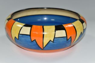 A CLARICE CLIFF 'NEW FLAG' DESIGN BOWL, blue, orange and black banded interior, diameter 25cm,