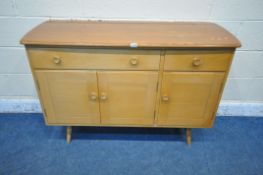 LUCIAN ERCOLANI, ERCOL, A MID CENTURY ELM AND BEECH SIDEBOARD, fitted with two drawers, above